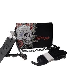 Ed Hardy Skull Rhinestone Floral Design Black Mini Crossbody Bag Card Holder